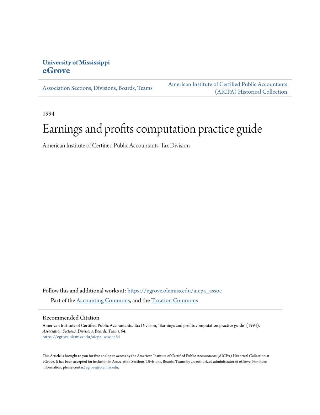 Earnings and Profits Computation Practice Guide American Institute of Certified Public Accountants