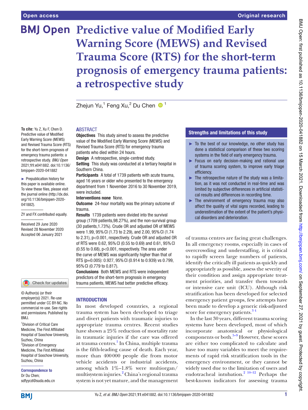 Predictive Value of Modified Early Warning Score (MEWS)