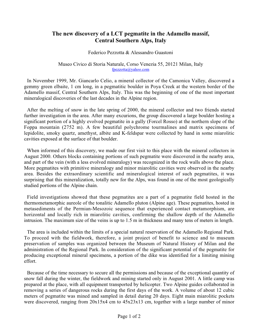 The New Discovery of a LCT Pegmatite in the Adamello Massif, Central Southern Alps, Italy