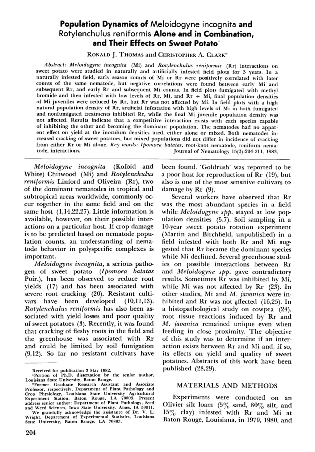 Population Dynamics of Meloidogyne Incognita and Rotylenchulus Reniformis Alone and in Combination, and Their Effects on Sweet Potato T