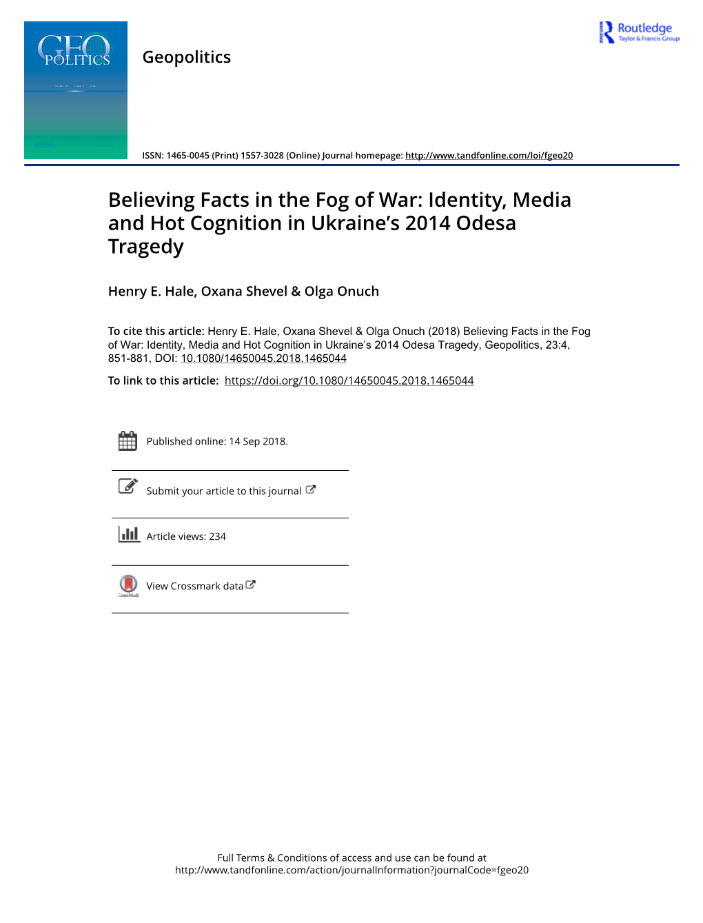 Identity, Media and Hot Cognition in Ukraine's 2014 Odesa Tragedy