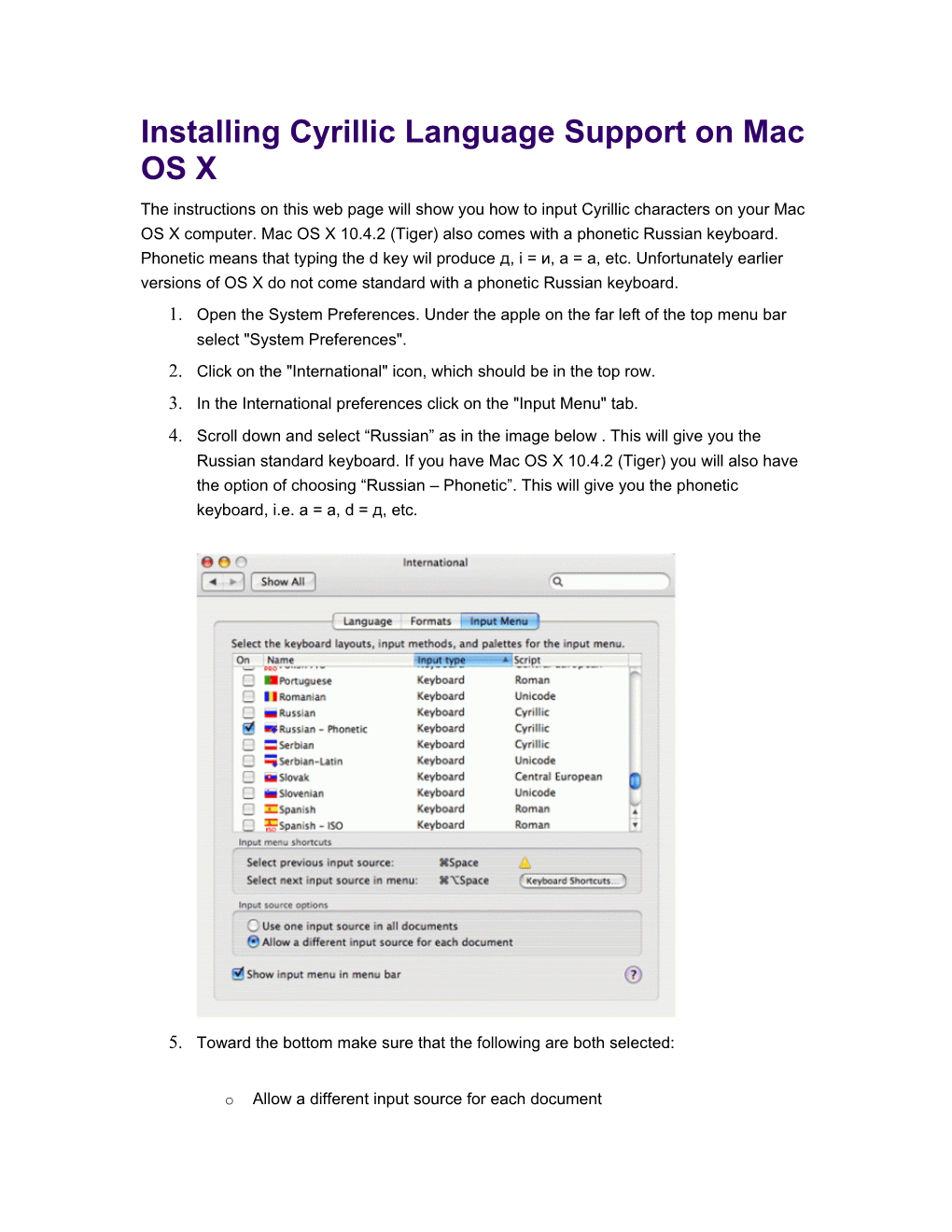 Installing Cyrillic Language Support on Mac OS X