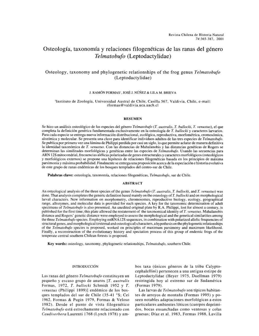 Osteología, Taxonomía Y Relaciones Filogenéticas De Las Ranas Del Género Telmatobufo (Leptodactylidae)