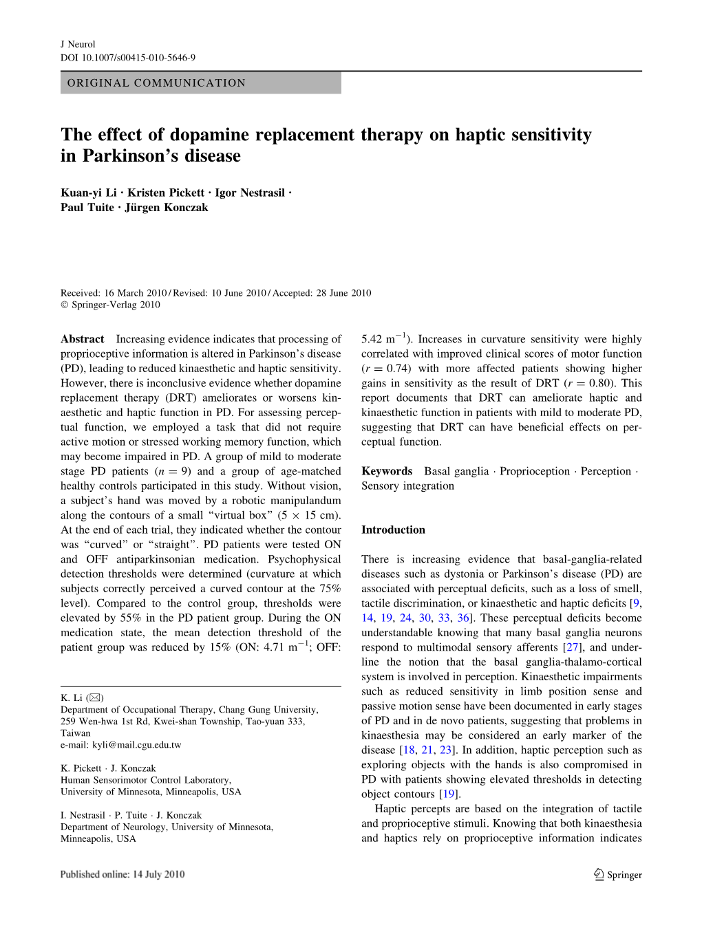 The Effect of Dopamine Replacement Therapy on Haptic Sensitivity in Parkinson’S Disease