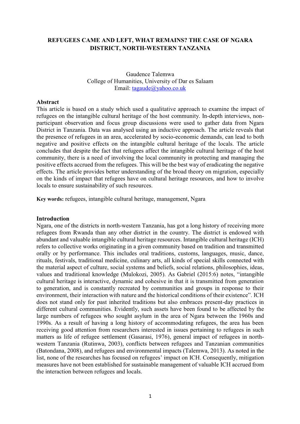 Refugees Came and Left, What Remains? the Case of Ngara District, North-Western Tanzania