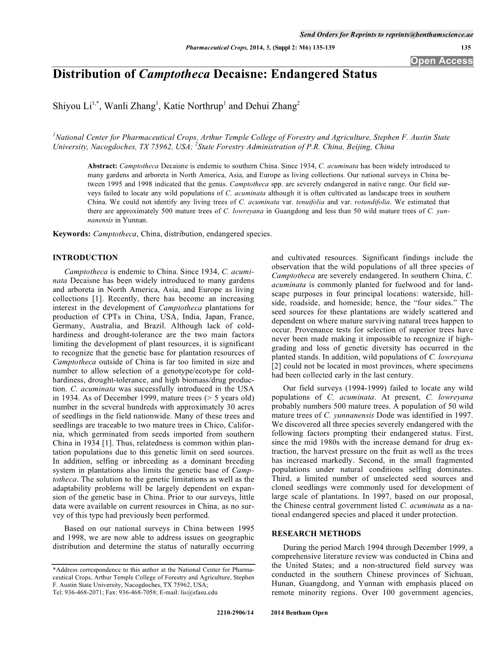 Distribution of Camptotheca Decaisne: Endangered Status