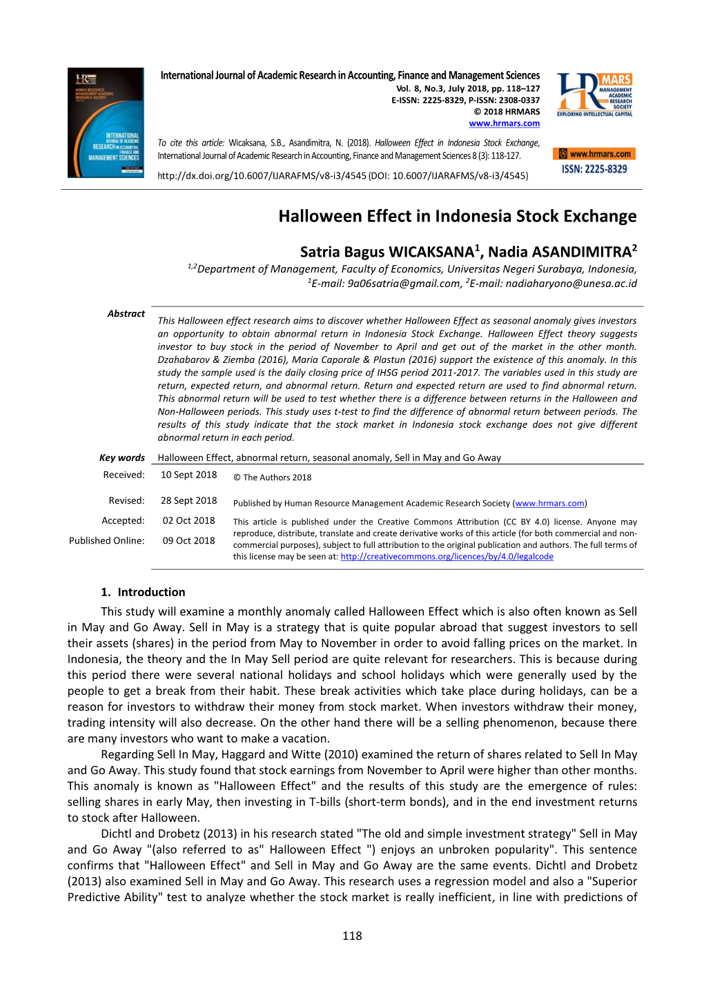 Halloween Effect in Indonesia Stock Exchange, International Journal of Academic Research in Accounting, Finance and Management Sciences 8 (3): 118-127