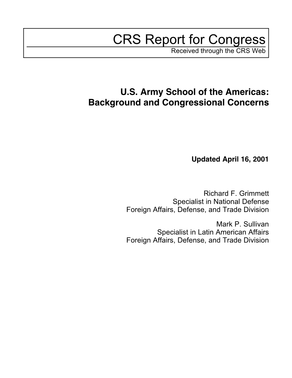 U.S. Army School of the Americas: Background and Congressional Concerns