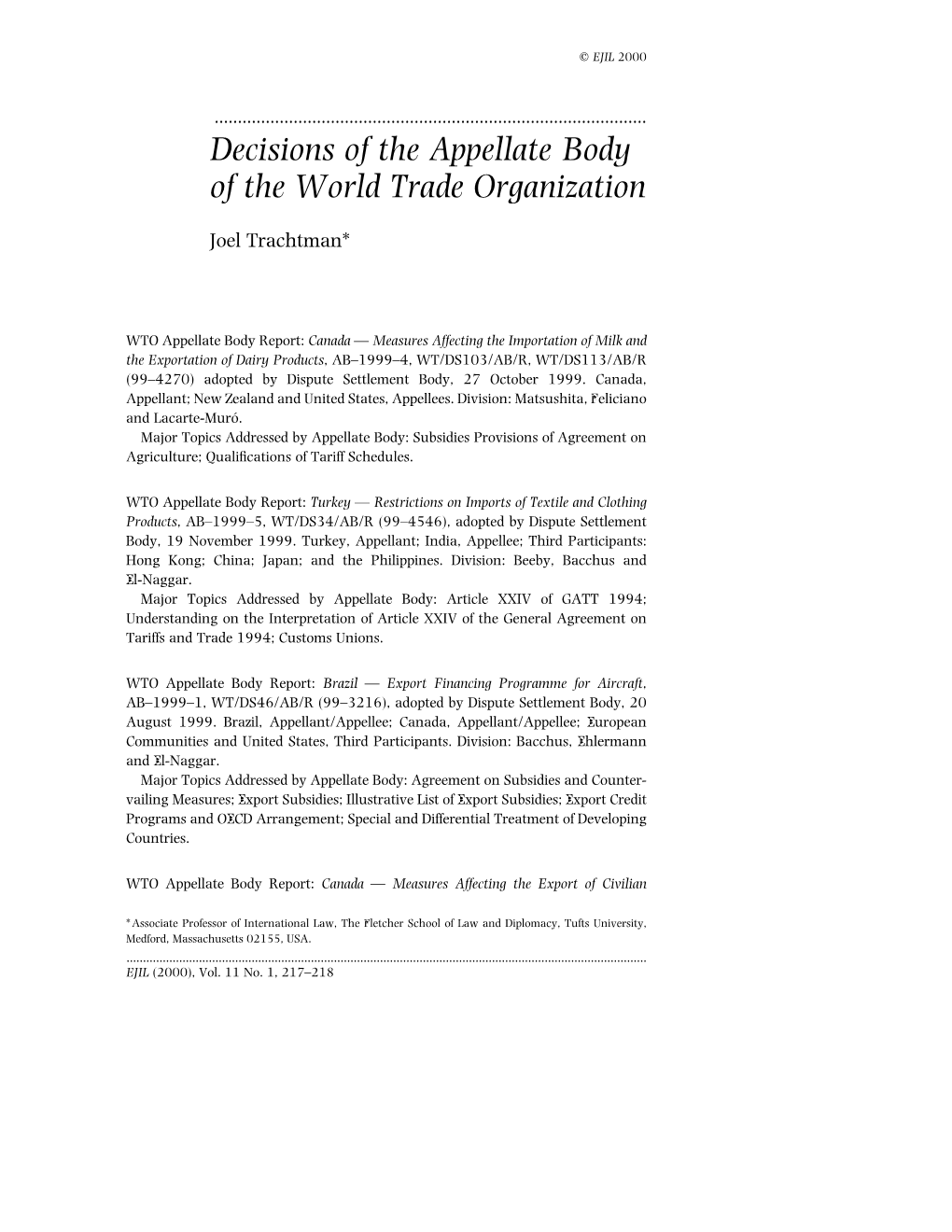 Decisions of the Appellate Body of the World Trade Organization