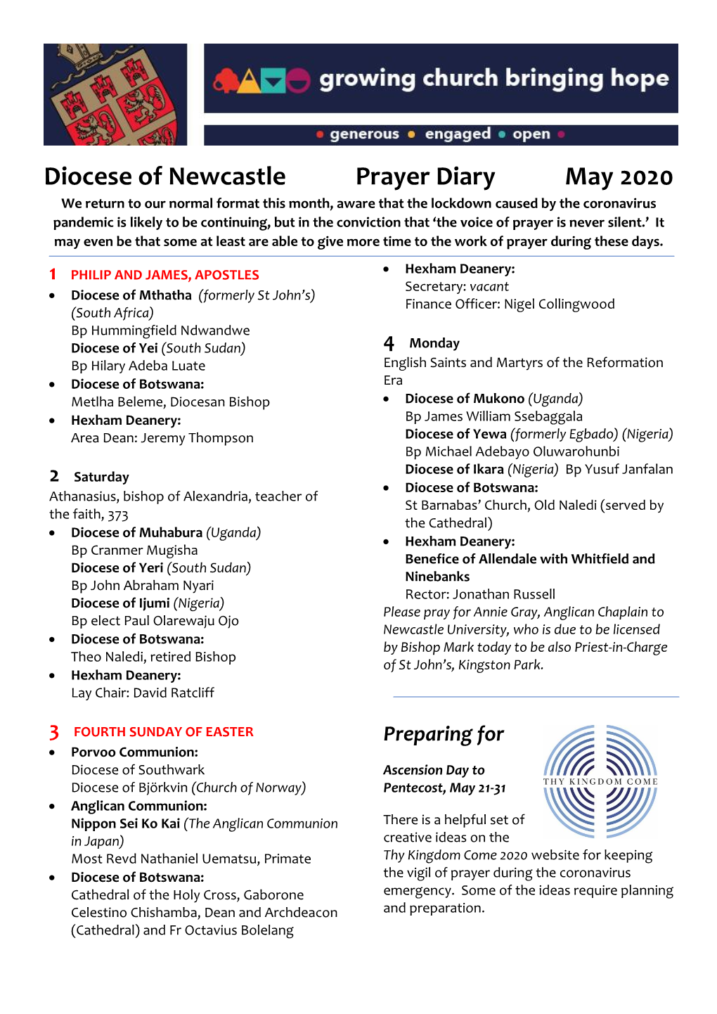 Diocese of Newcastle Prayer Diary May 2020