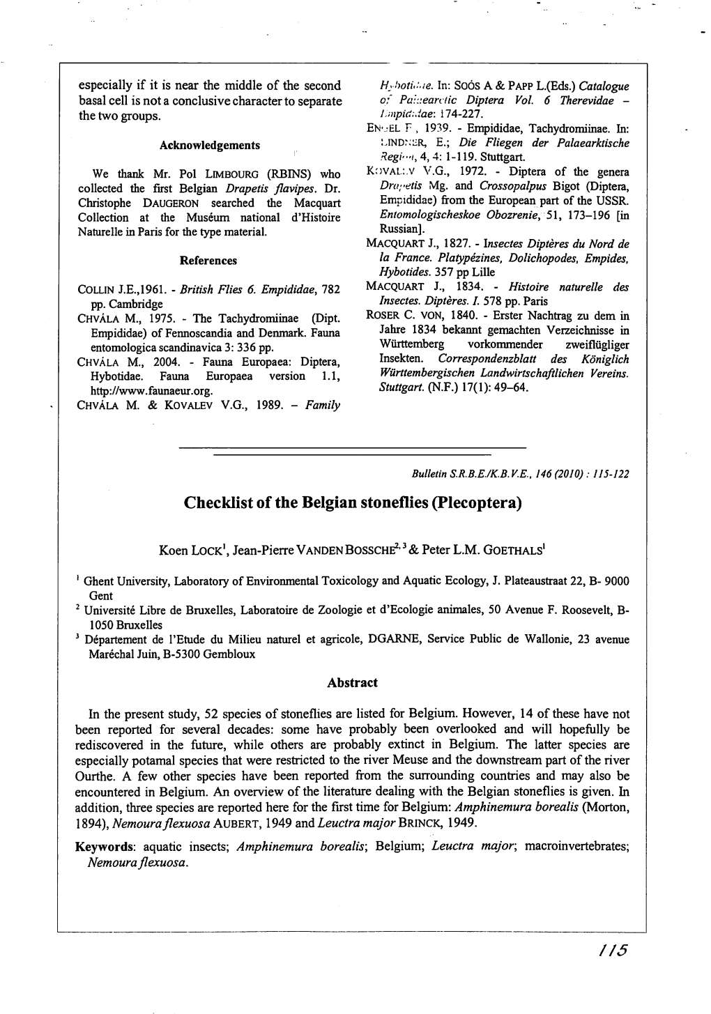 Checklist of the Belgian Stoneflies (Piecoptera)