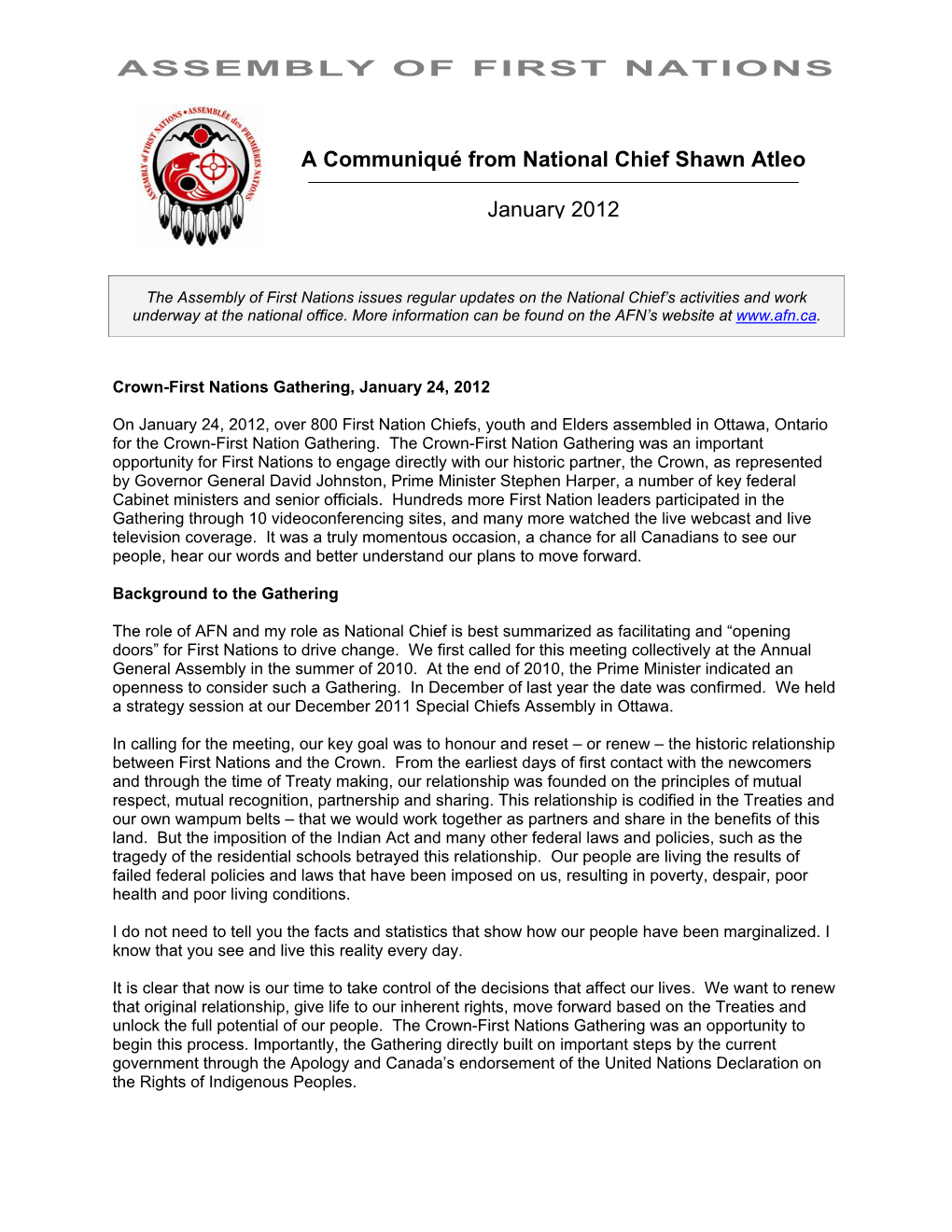 A Communiqué from National Chief Shawn Atleo January 2012