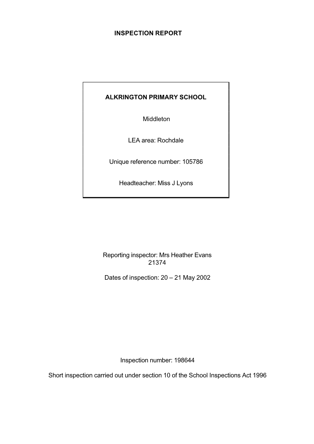 INSPECTION REPORT ALKRINGTON PRIMARY SCHOOL Middleton LEA