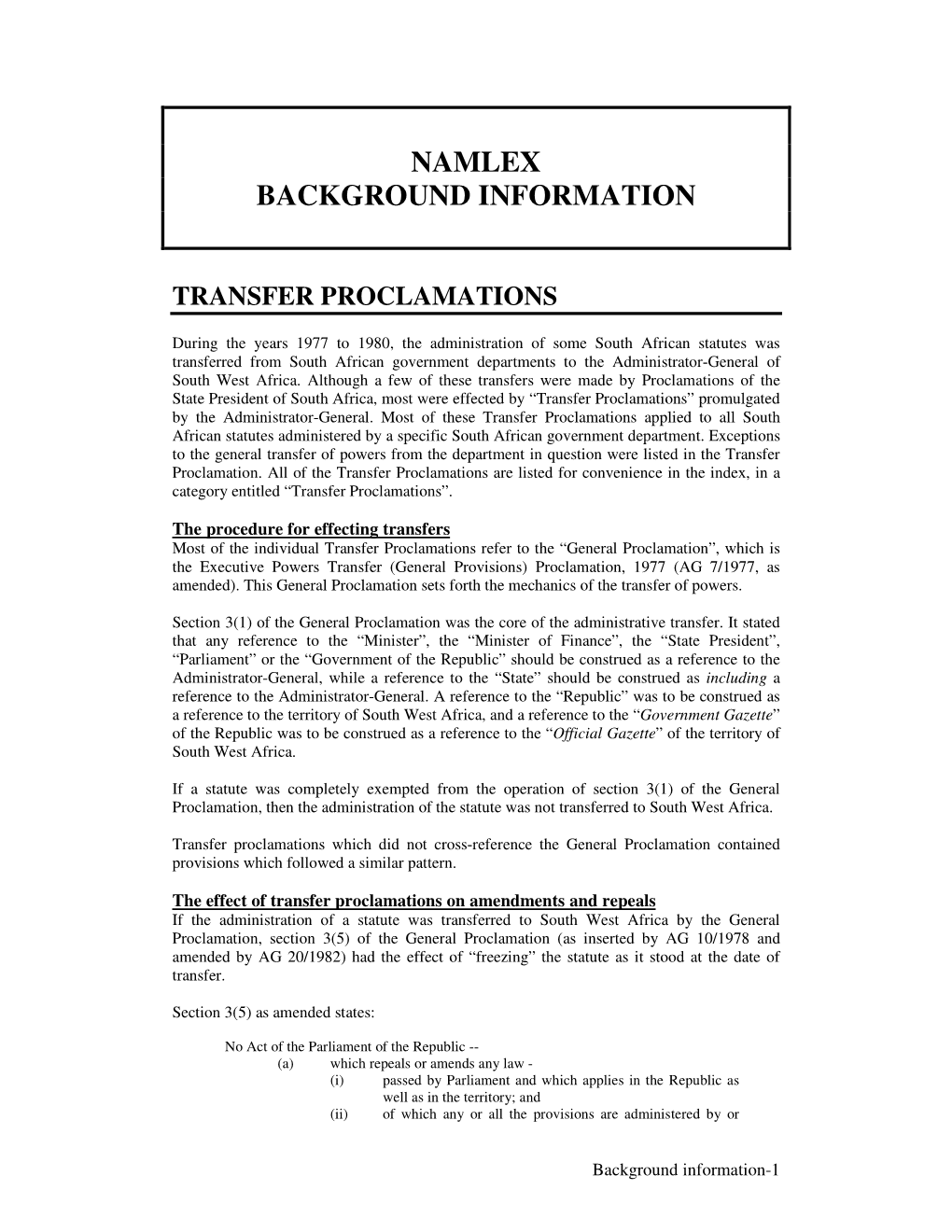 Namlex Background Information