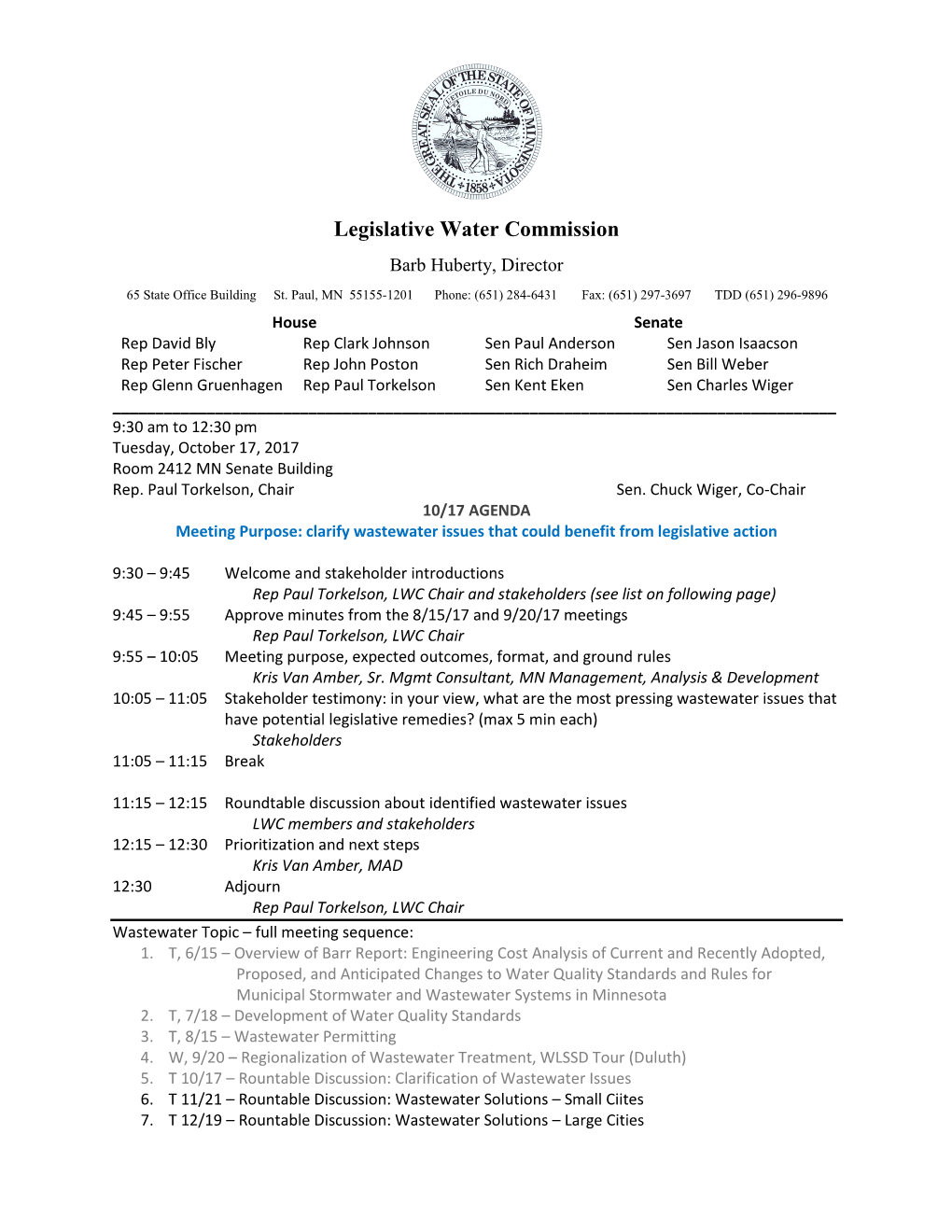 Legislative Water Commission 10/17 Agenda