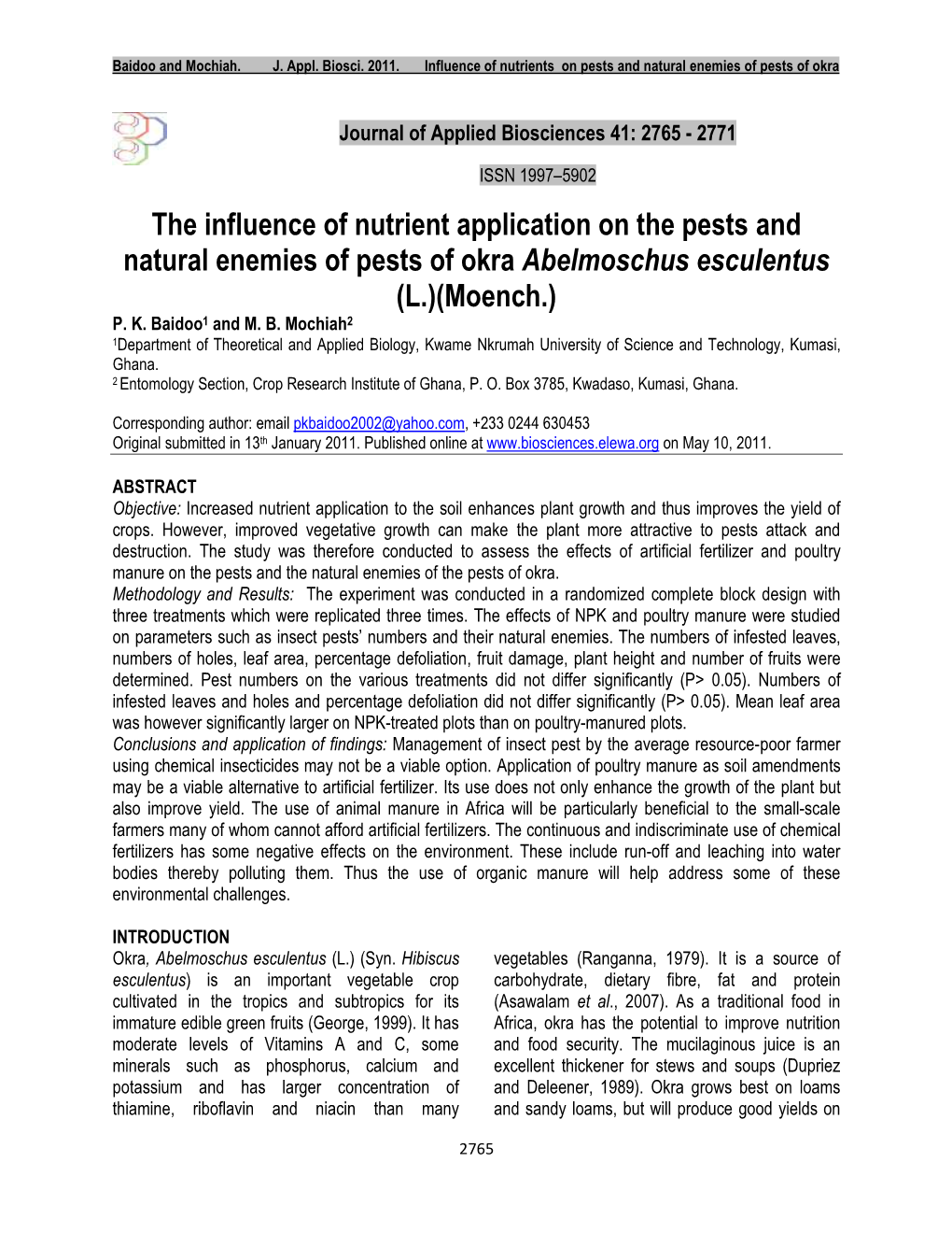 The Influence of Nutrient Application on the Pests and Natural Enemies of Pests of Okra Abelmoschus Esculentus (L.)(Moench.) P