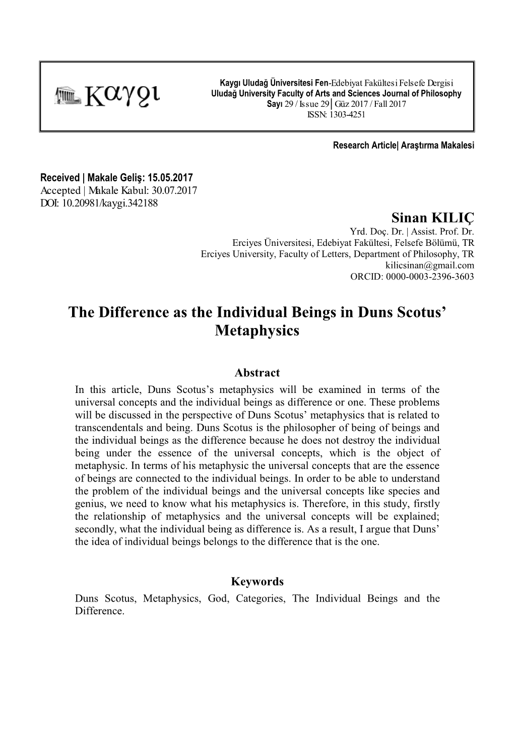 The Difference As the Individual Beings in Duns Scotus' Metaphysics