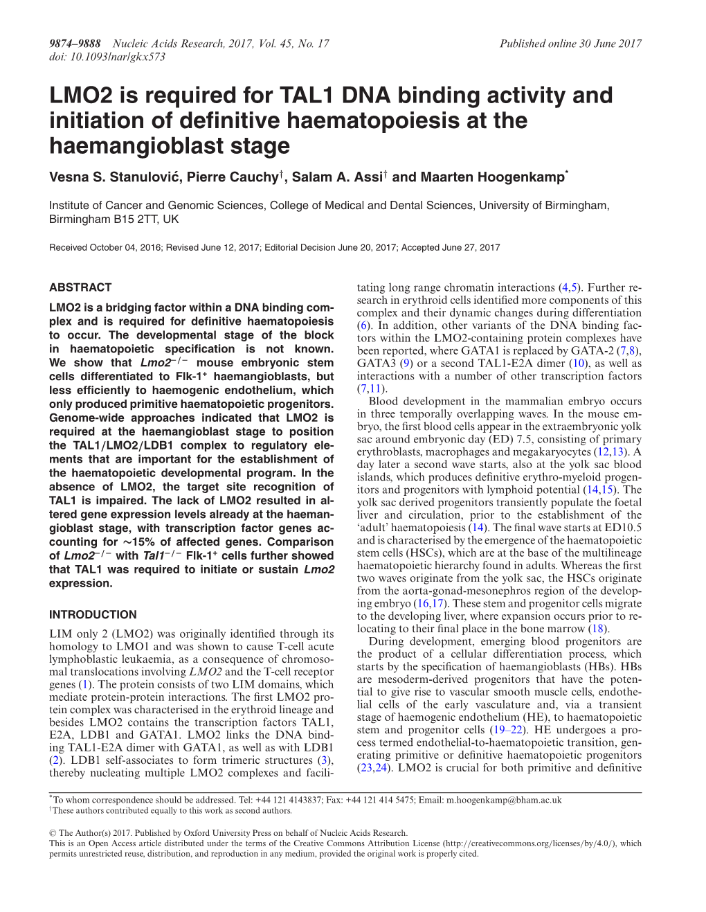 LMO2 Is Required for TAL1 DNA Binding Activity and Initiation of Definitive Haematopoiesis at the Haemangioblast Stage