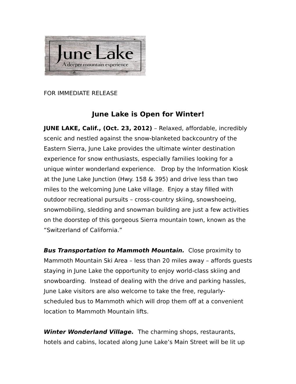 June Lake Is Open for Winter!