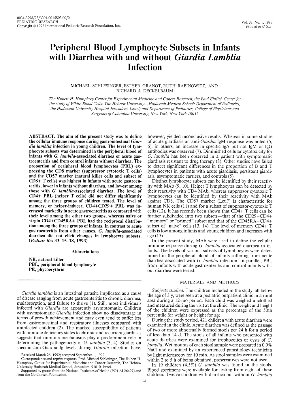 Peripheral Blood Lymphocyte Subsets in Infants with Diarrhea with and Without Giardia Lamblia Infection