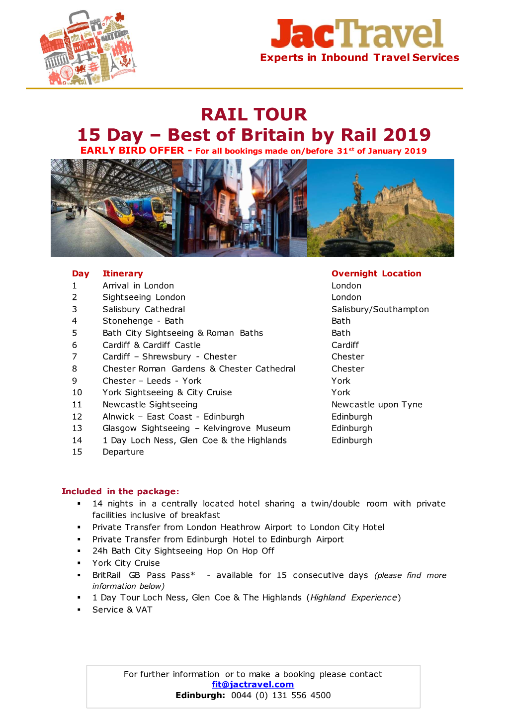 RAIL TOUR 15 Day – Best of Britain by Rail 2019 EARLY BIRD OFFER - for All Bookings Made On/Before 31St of January 2019