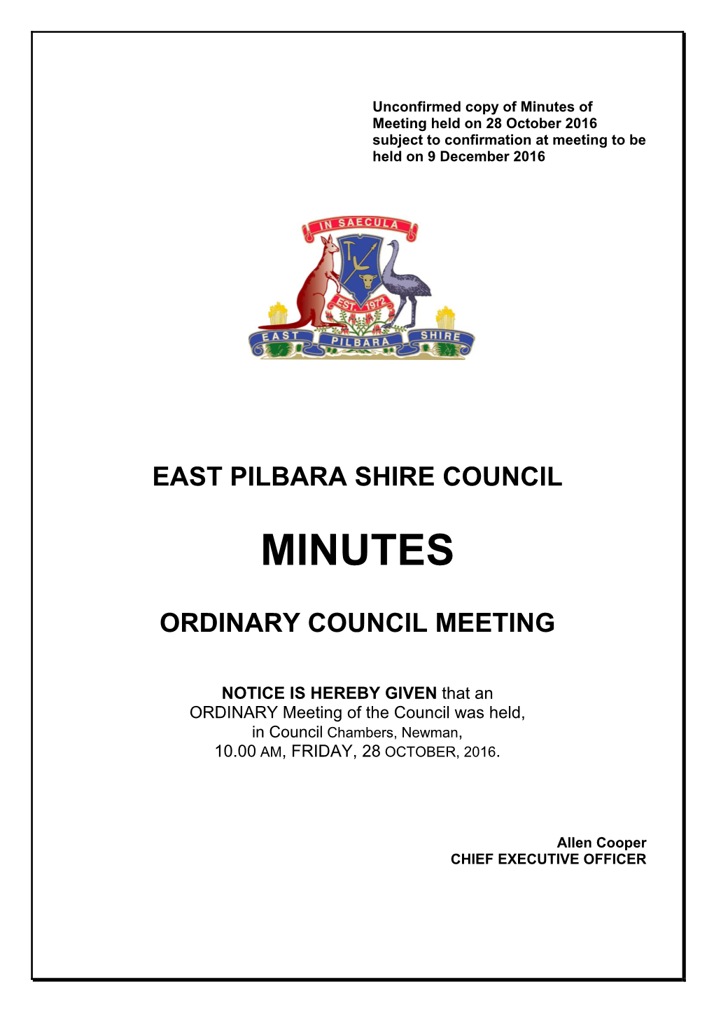 Minutes of Meeting Held on 28 October 2016 Subject to Confirmation at Meeting to Be Held on 9 December 2016