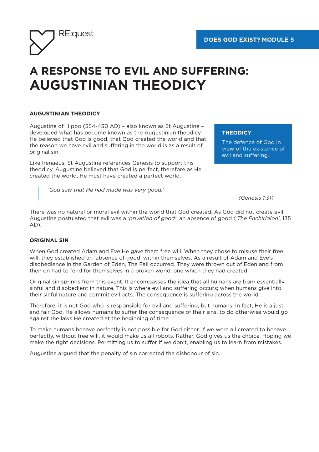 A Response to Evil and Suffering: Augustinian Theodicy