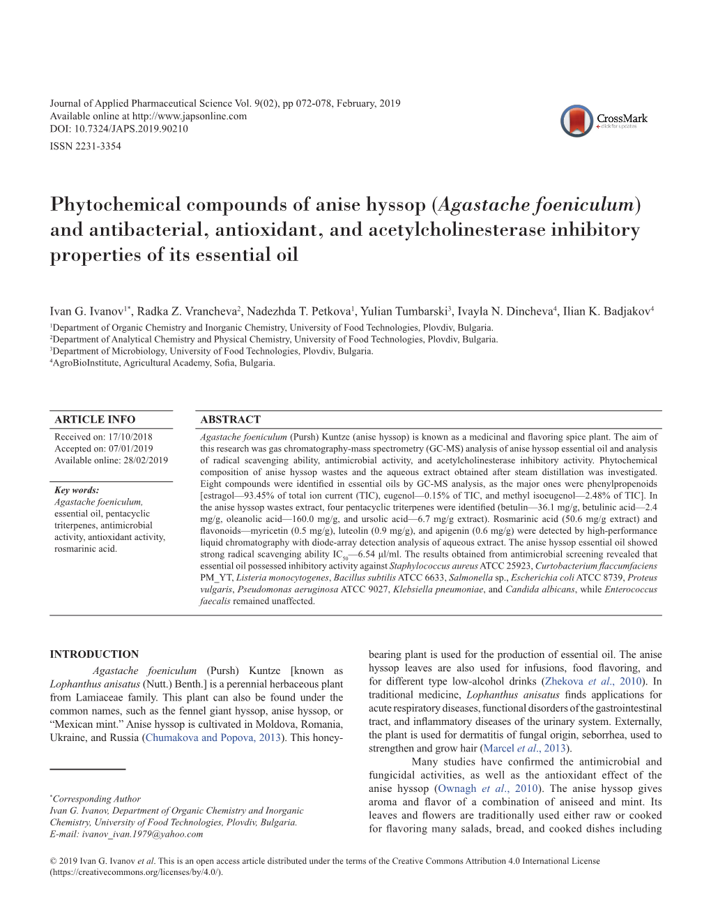 Agastache Foeniculum) and Antibacterial, Antioxidant, and Acetylcholinesterase Inhibitory Properties of Its Essential Oil