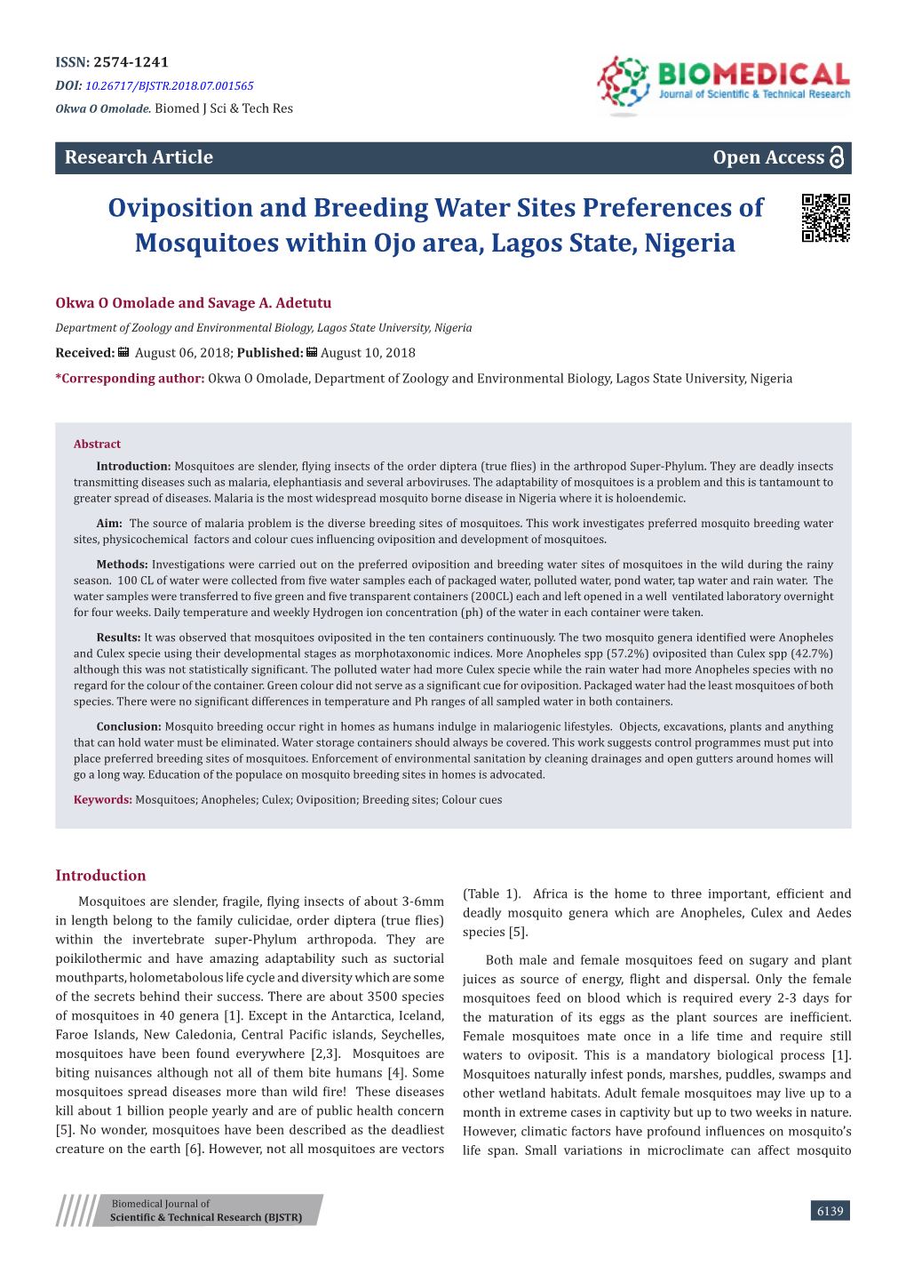 Oviposition and Breeding Water Sites Preferences of Mosquitoes Within Ojo Area, Lagos State, Nigeria