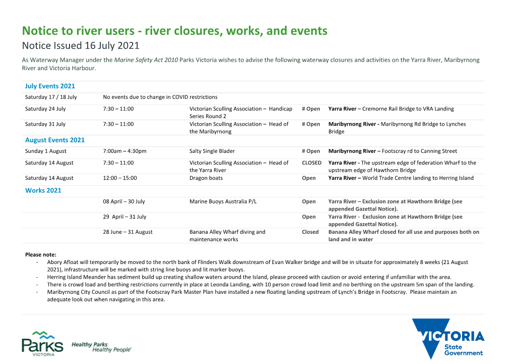 River Closures, Works, and Events Notice Issued 16 July 2021
