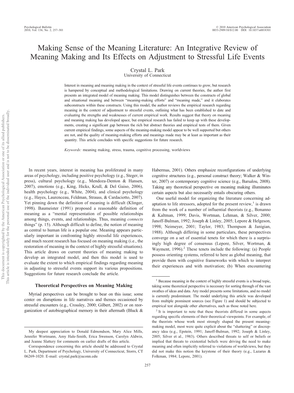 Making Sense of the Meaning Literature: an Integrative Review of Meaning Making and Its Effects on Adjustment to Stressful Life Events