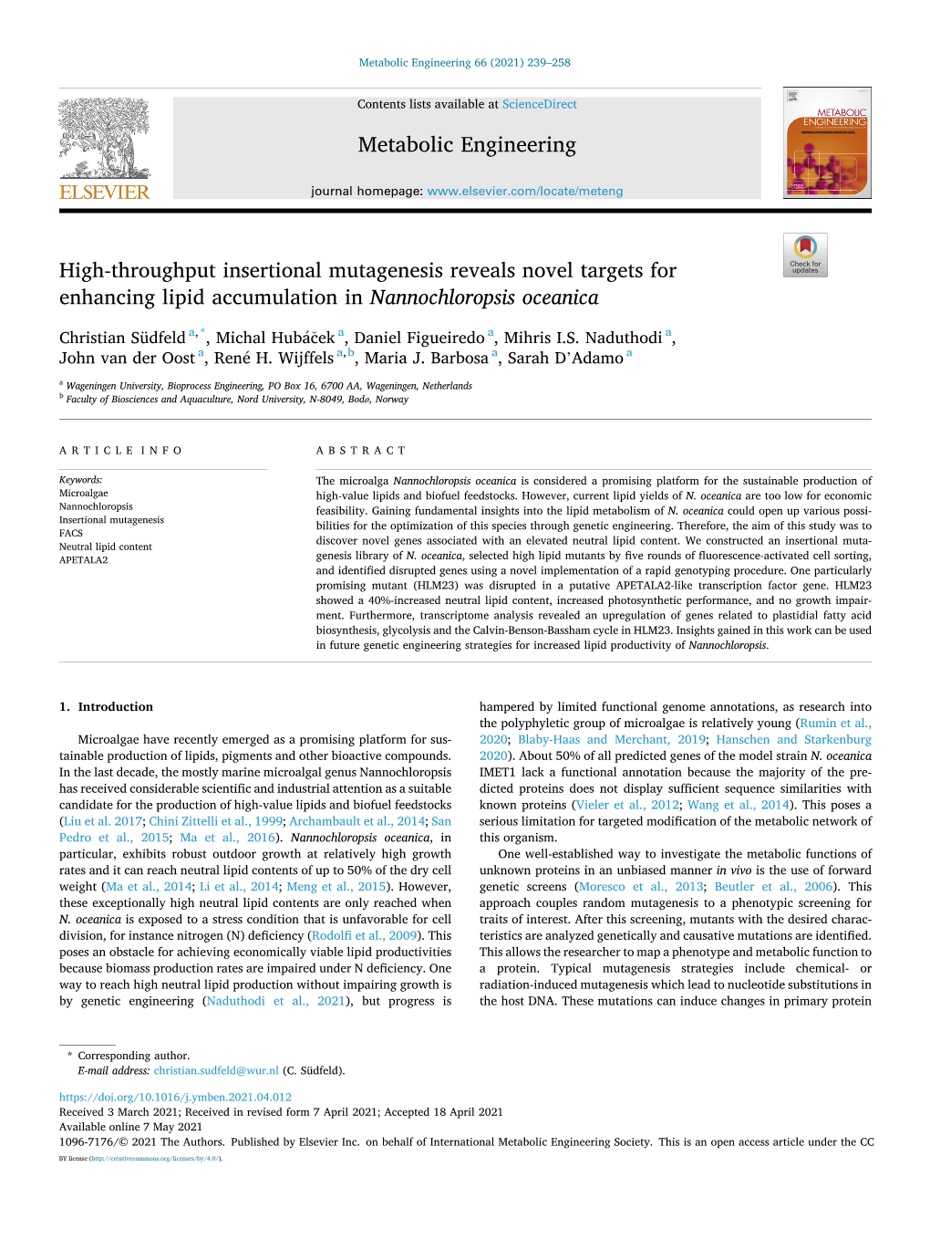 High-Throughput Insertional Mutagenesis Reveals Novel Targets for Enhancing Lipid Accumulation in Nannochloropsis Oceanica