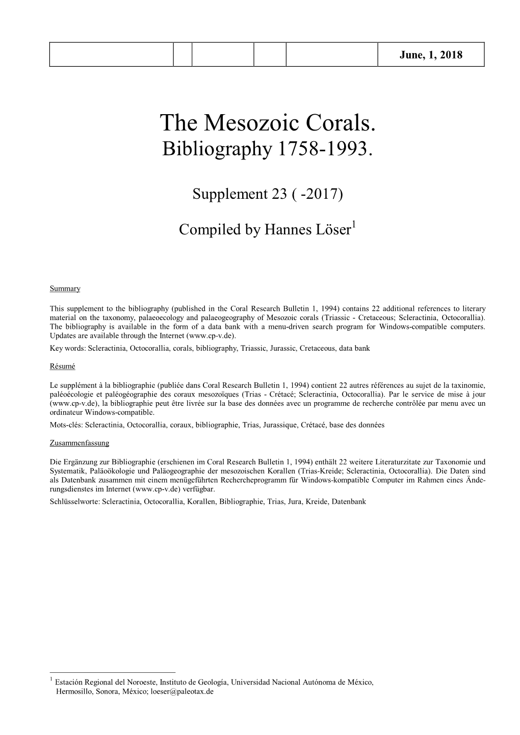 The Mesozoic Corals. Bibliography 1758-1993