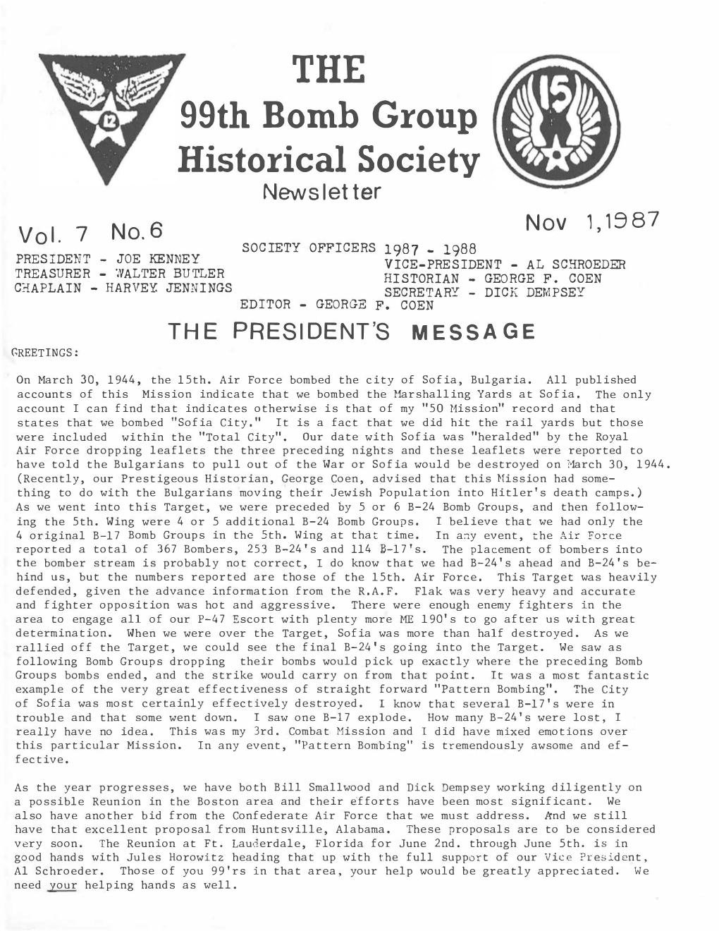 99Th Bomb Group Historical Society Newsletter Nov 1, 19 87 Vol
