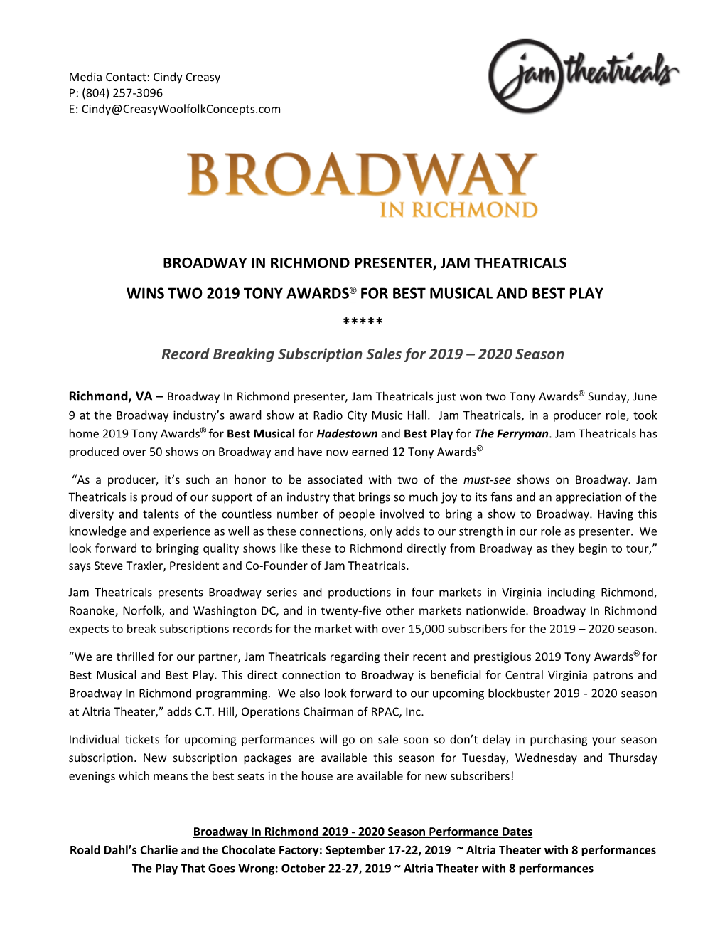 Broadway in Richmond Presenter, Jam Theatricals