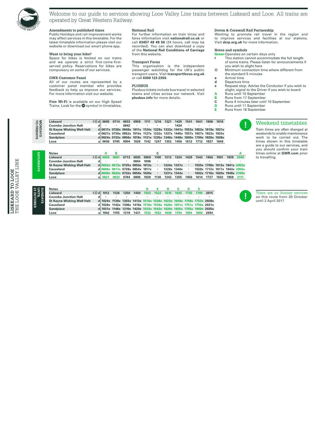 Welcome to Our Guide to Services Showing Looe Valley Line Trains Between Liskeard and Looe