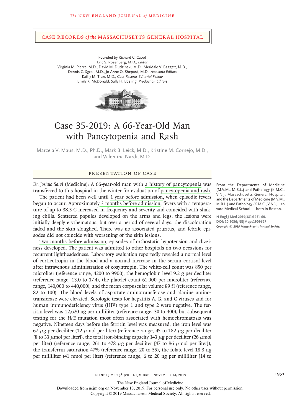 Case 35-2019: a 66-Year-Old Man with Pancytopenia and Rash