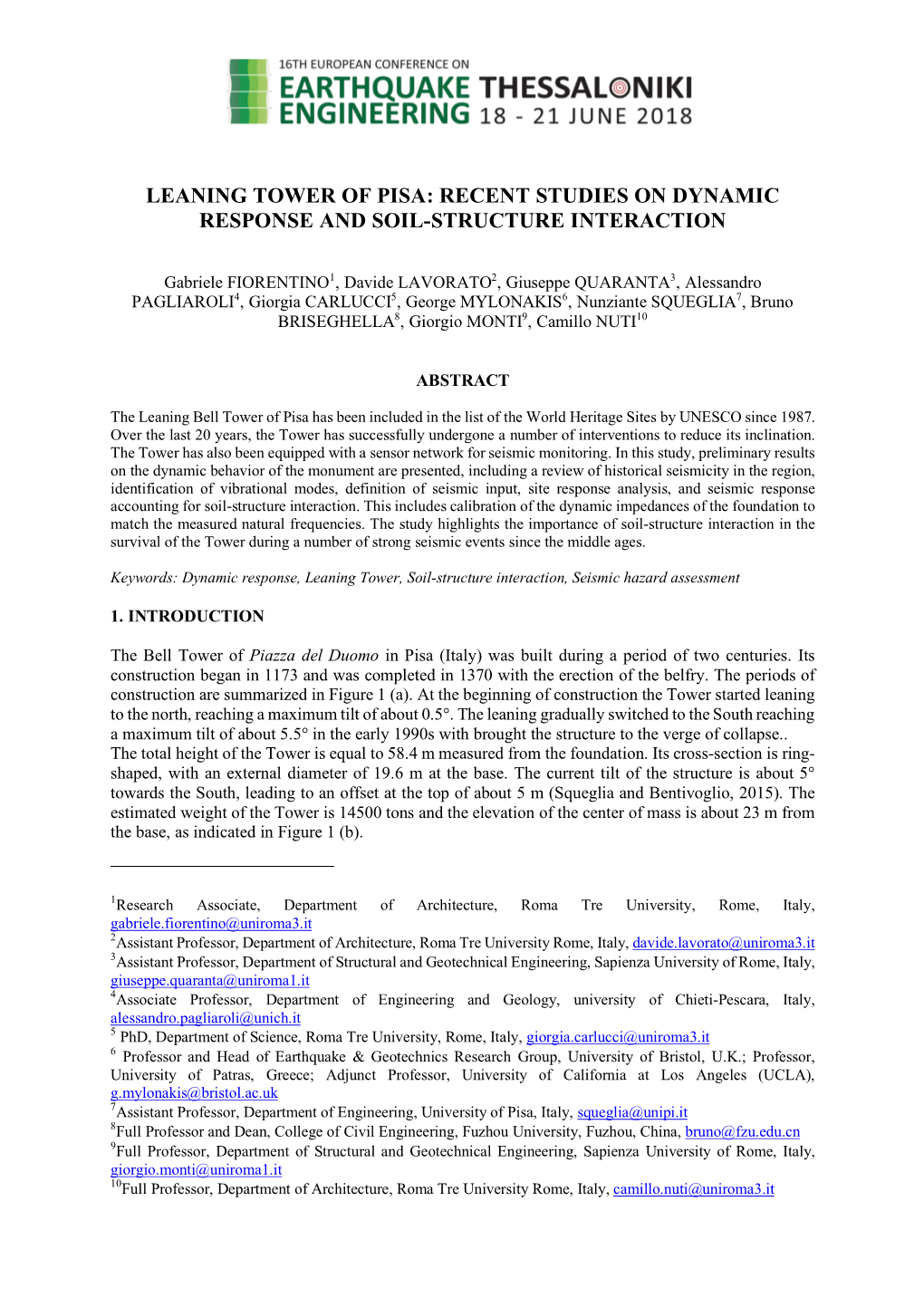 Leaning Tower of Pisa: Recent Studies on Dynamic Response and Soil-Structure Interaction