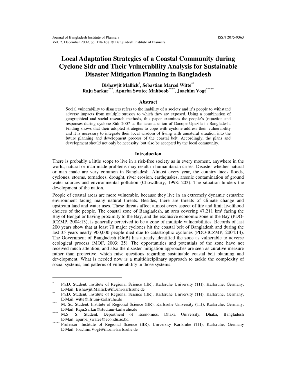 Local Adaptation Strategies of a Coastal Community During Cyclone Sidr and Their Vulnerability Analysis for Sustainable Disaster Mitigation Planning in Bangladesh