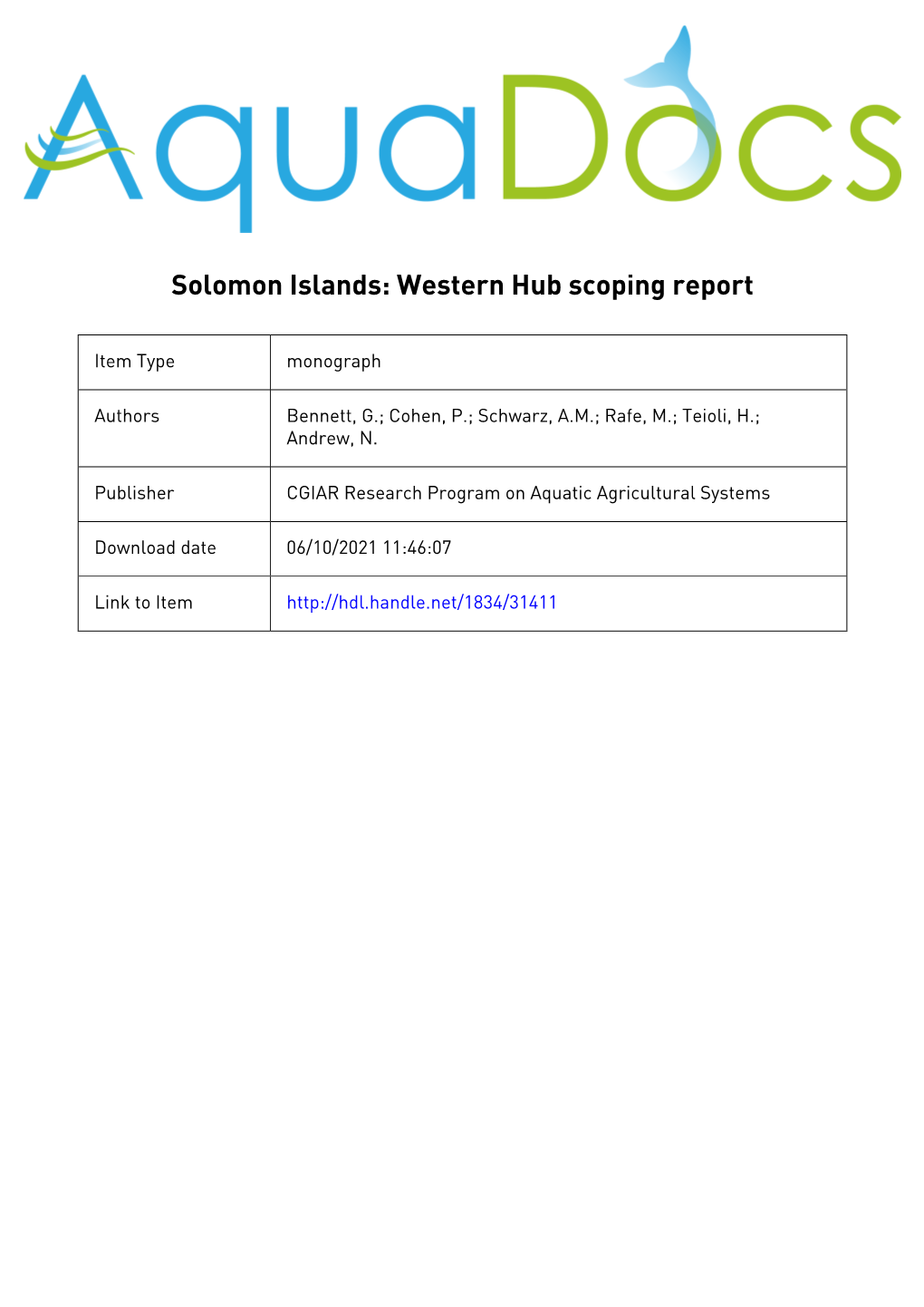 Solomon Islands: Western Hub Scoping Report