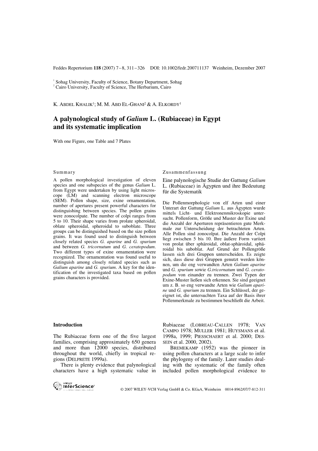 A Palynological Study of Galium L. (Rubiaceae) in Egypt and Its Systematic Implication