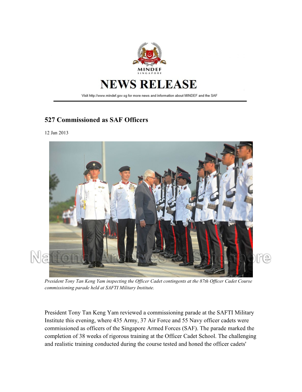 527 Commissioned As SAF Officers