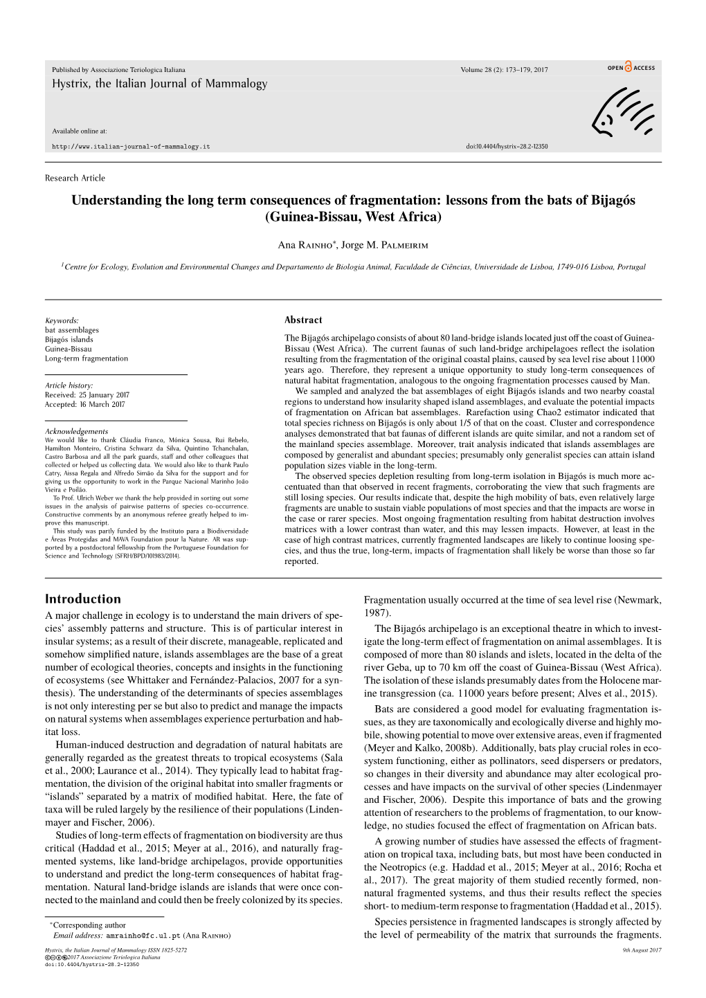 Understanding the Long Term Consequences of Fragmentation: Lessons from the Bats of Bijagós (Guinea-Bissau, West Africa)