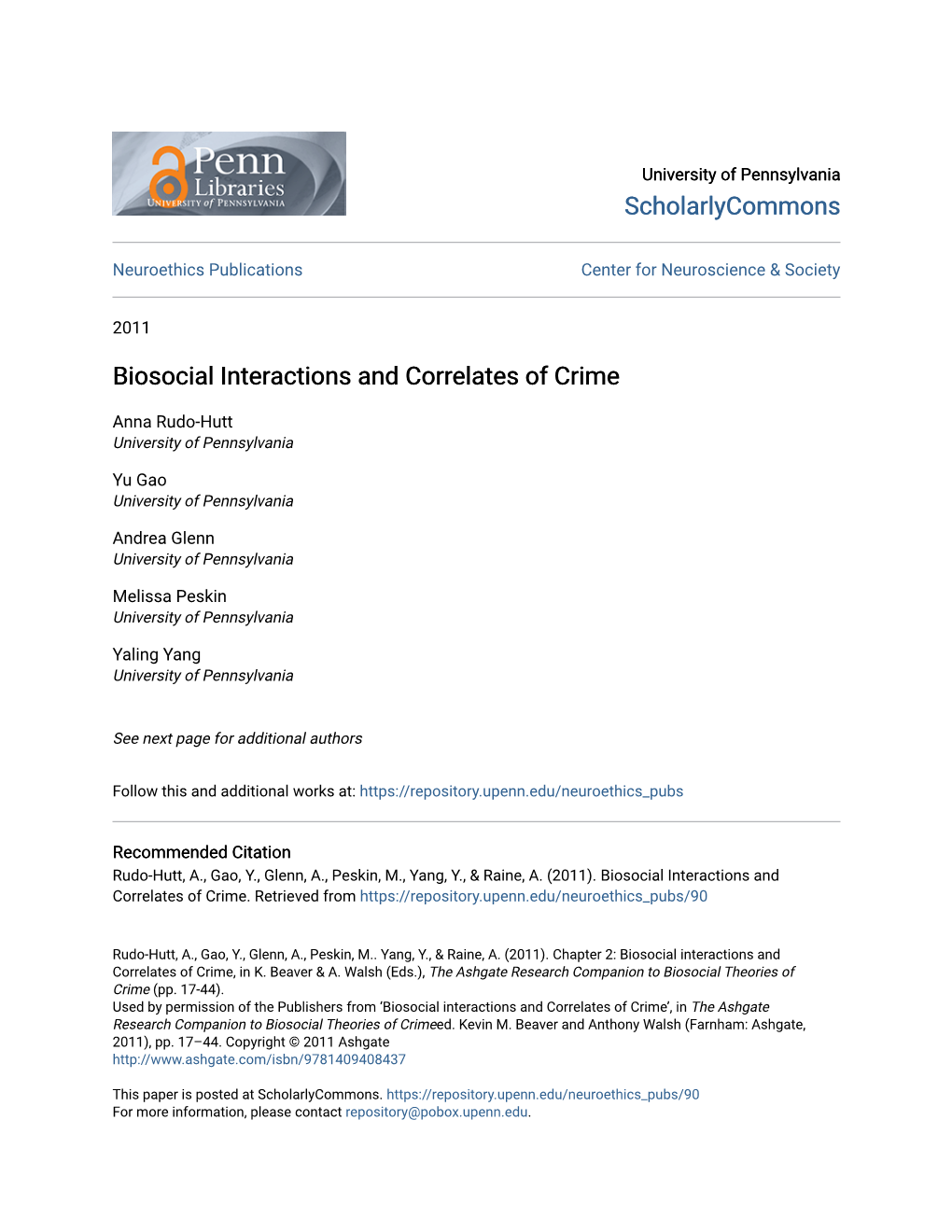 Biosocial Interactions and Correlates of Crime