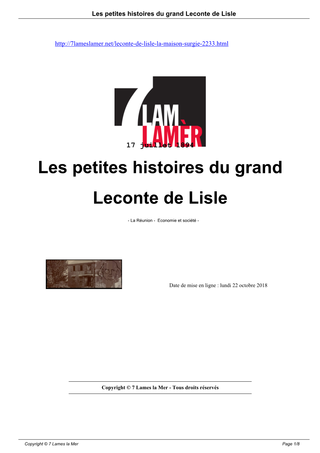 Les Petites Histoires Du Grand Leconte De Lisle