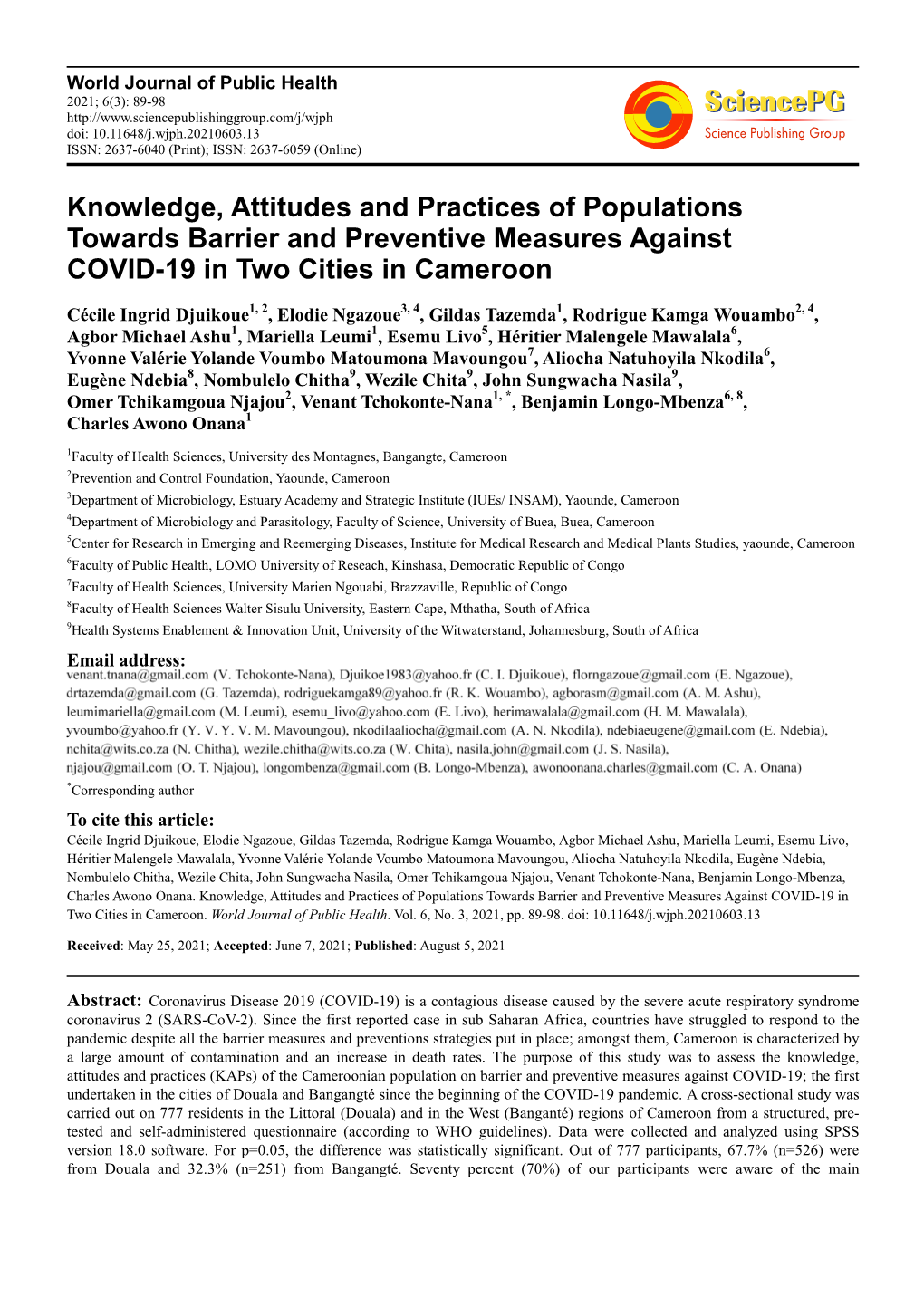 Knowledge, Attitudes and Practices of Populations Towards Barrier and Preventive Measures Against COVID-19 in Two Cities in Cameroon