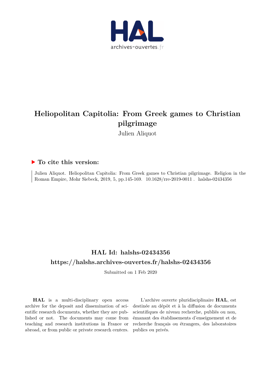 Heliopolitan Capitolia: from Greek Games to Christian Pilgrimage Julien Aliquot