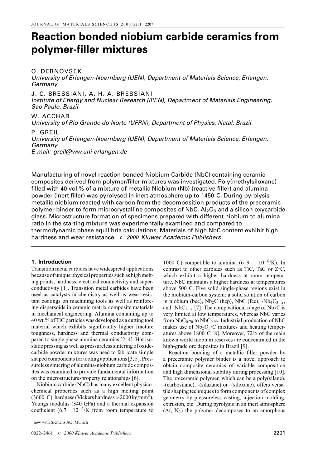 Reaction Bonded Niobium Carbide Ceramics from Polymer-Filler Mixtures