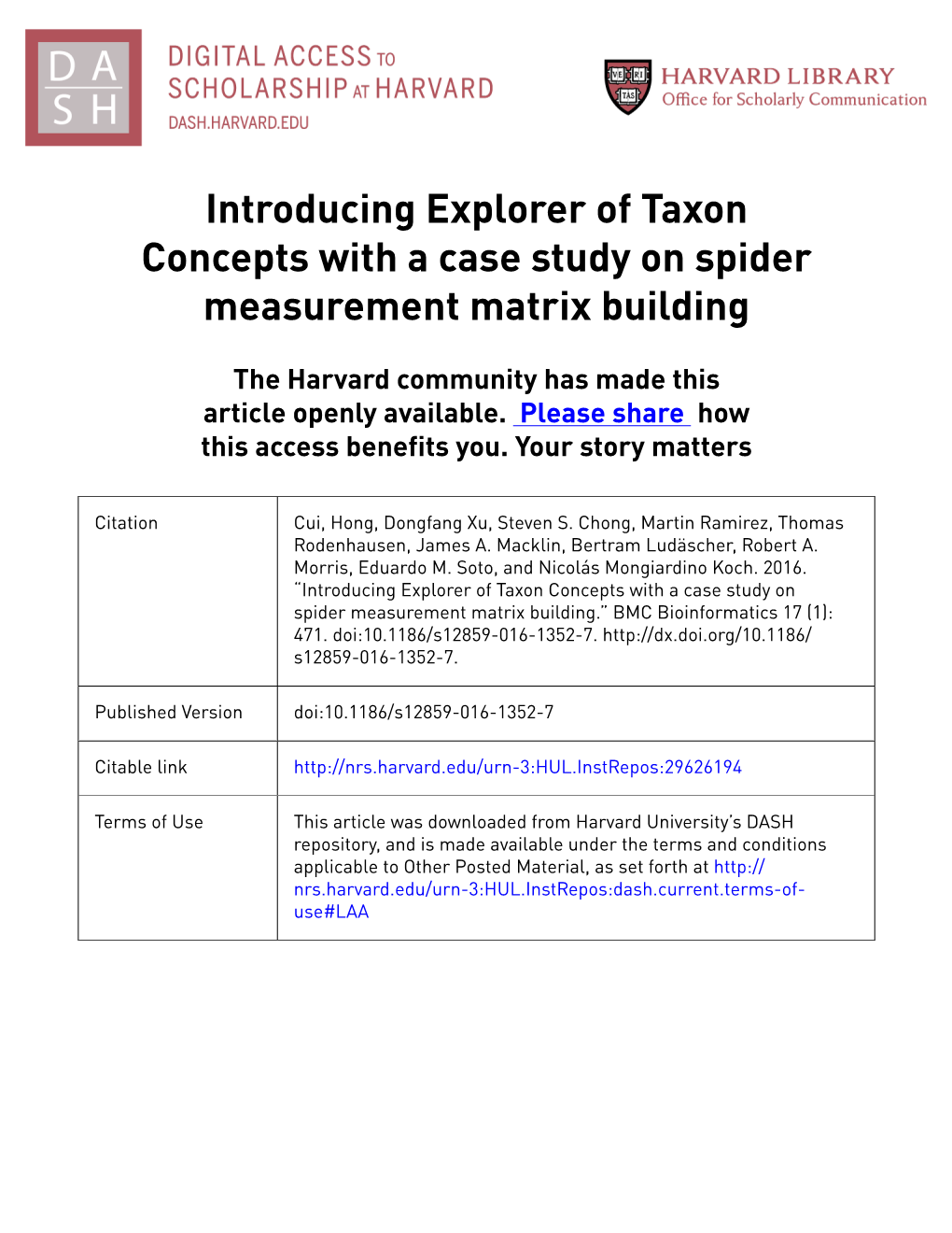 Introducing Explorer of Taxon Concepts with a Case Study on Spider Measurement Matrix Building