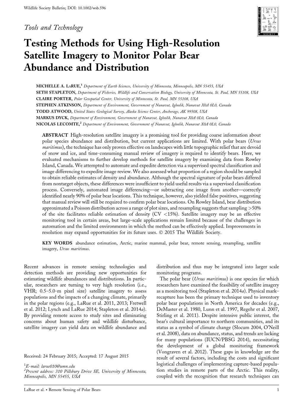 Testing Methods for Using High-Resolution Satellite Imagery to Monitor Polar Bear Abundance and Distribution